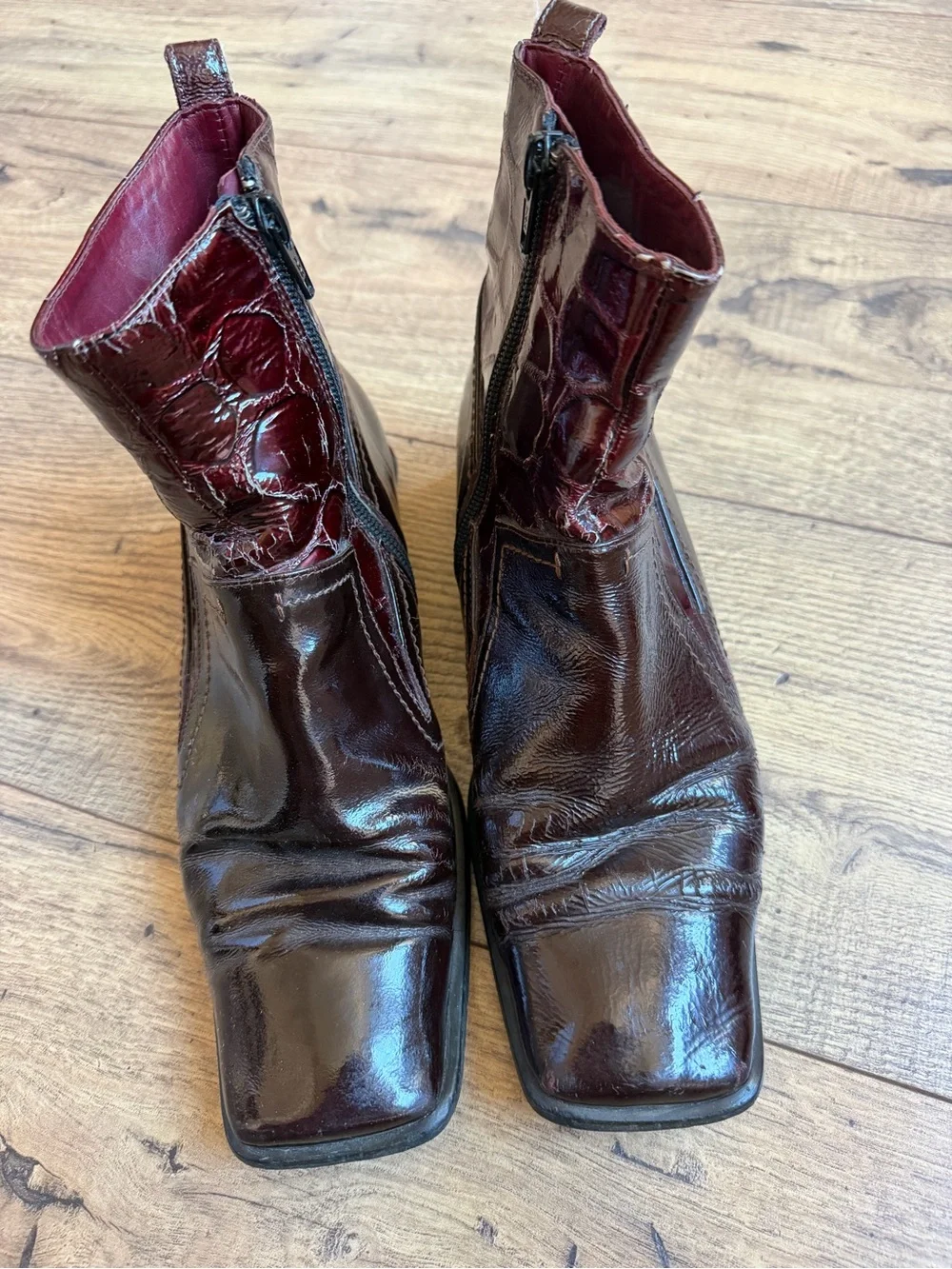 Vintage 90s Italian Patent Leather Shearling Boots Geometric Heel Vibram fits 7